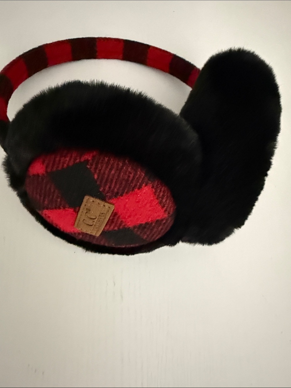 C.C. Black & Red Plaid Fleece Earmuffs - Cozy Winter Ear Warmers.